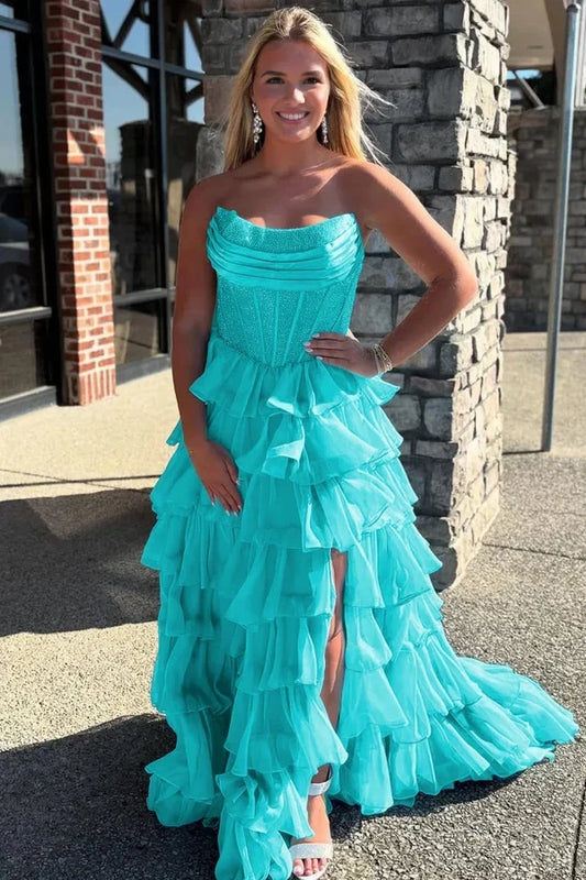 Charming A-Line Strapless Sleeveless Beaded Ruffled Chiffon Floor-Length Prom Dress With Slit