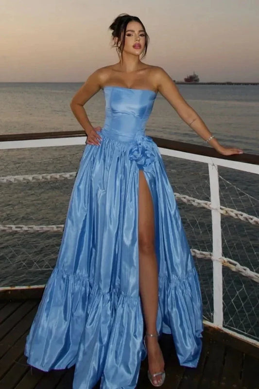 Charming A-Line Strapless Sleeveless Blue Floor-Length Prom Dress With Slit