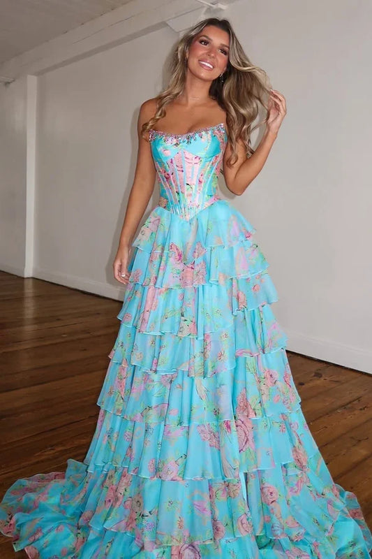 Charming A-Line Strapless Sleeveless Floral Tiered Chiffon Long Prom Dress With Slit