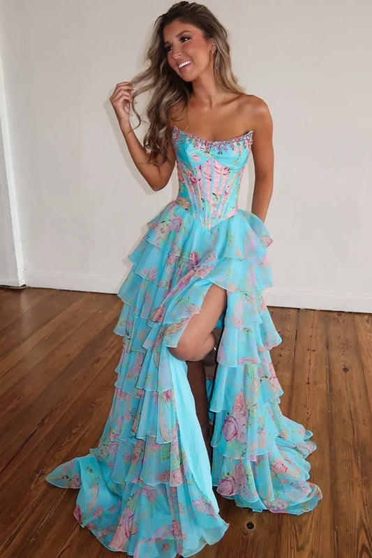 Charming A-Line Strapless Sleeveless Floral Tiered Chiffon Long Prom Dress With Slit