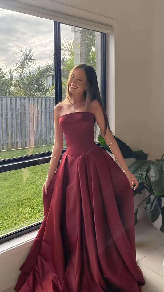 Charming A-Line Strapless Sleeveless Pleated Satin Long Prom Dress