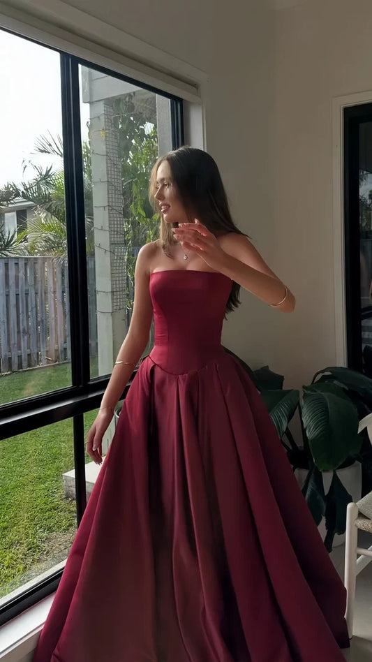 Charming A-Line Strapless Sleeveless Pleated Satin Long Prom Dress