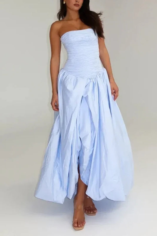 Charming A-Line Strapless Sleeveless Ruched Draped Pleated Sky Blue Prom Dress with Slit
