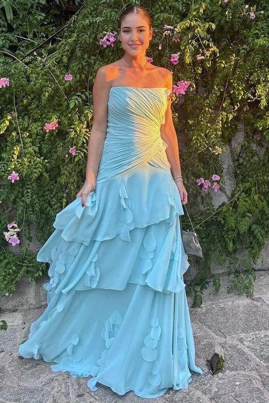 Charming A-Line Strapless Sleeveless Ruched Tiered Ruffle Chiffon Sky Blue Floor-Length Prom Dress