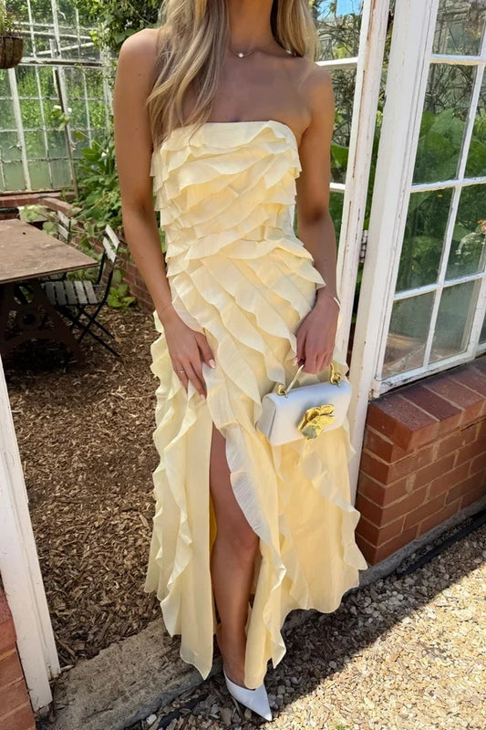 Charming A-Line Strapless Sleeveless Ruffled Tiered Slit Floor-Length Prom Dress