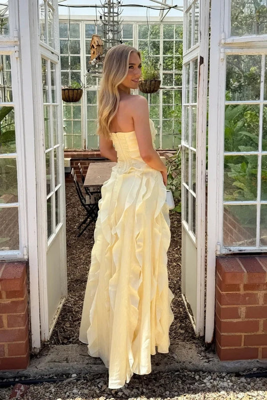 Charming A-Line Strapless Sleeveless Ruffled Tiered Slit Floor-Length Prom Dress