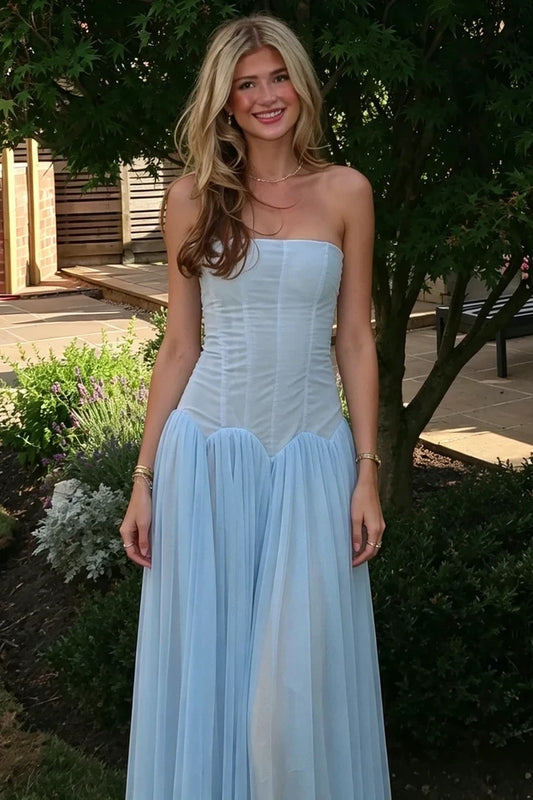 Charming A-Line Strapless Sleeveless Sky Blue Floor-Length Prom Dress