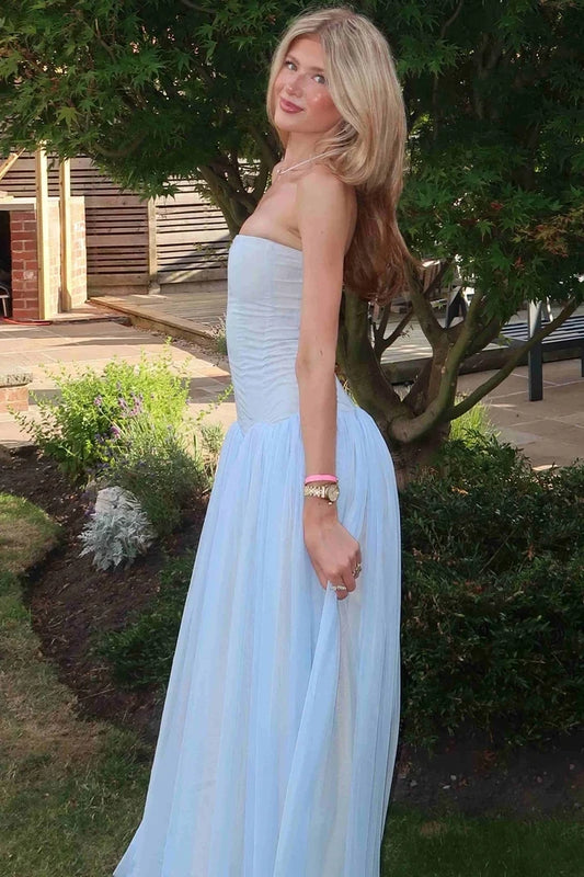 Charming A-Line Strapless Sleeveless Sky Blue Floor-Length Prom Dress