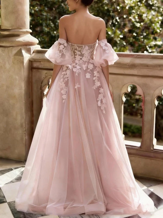 Charming A-Line Sweetheart Floral Lace Tulle Floor-Length Prom Dress With Sleeves