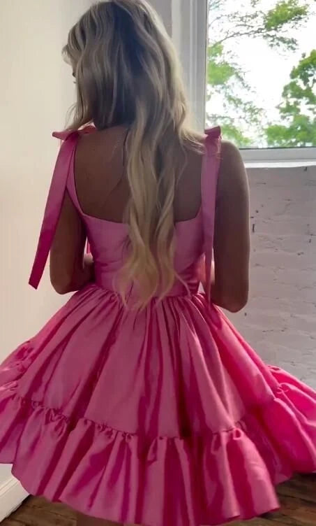 Charming A-Line Sweetheart Neck Sleeveless Bow-Shoulder Ruffled Short Homecoming Party Dress