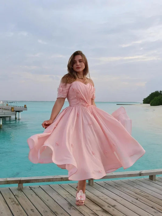 Charming A-Line Sweetheart Off-the-Shoulder Short Sleeve Pleated Chiffon Tea-Length Party Dress