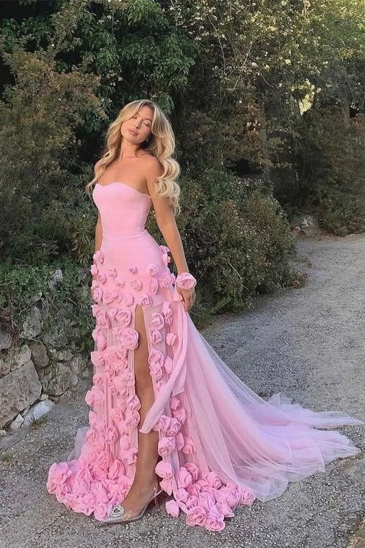 Charming A-Line Sweetheart Sleeveless 3D Floral Applique Slit Tulle Pink Floor-Length Prom Dress