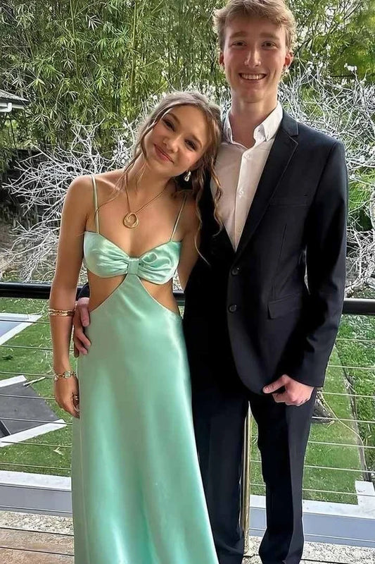 Charming A-Line Sweetheart Sleeveless Cutout Bow Back Satin Floor-Length Prom Dress