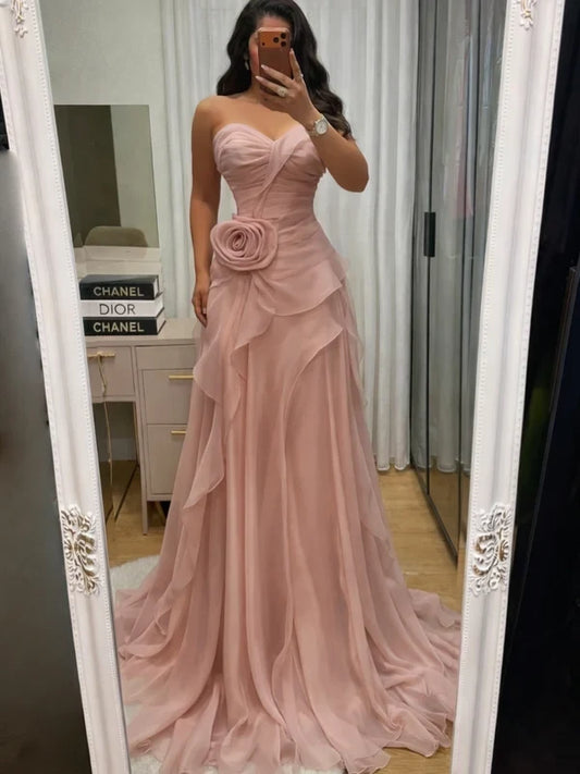 Charming A-Line Sweetheart Sleeveless Ruched Floral Chiffon Long Evening Dress