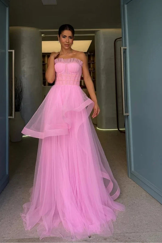Charming A-Line Sweetheart Sleeveless Ruffled Corset Tulle Floor-Length Prom Dress