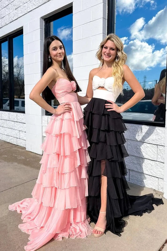 Charming A-Line Sweetheart Sleeveless Ruffled Cutout Chiffon Tiered Floor-Length Prom Dress With Slit