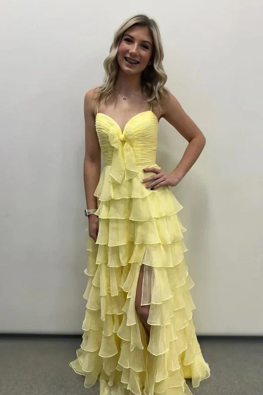 Charming A-Line Sweetheart Sleeveless Ruffled Tiered Bow Chiffon Long Prom Dress With Slit