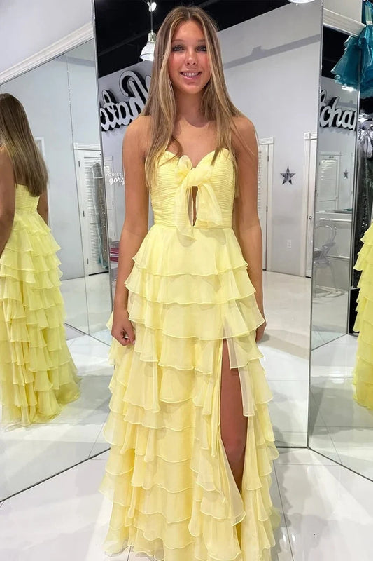 Charming A-Line Sweetheart Sleeveless Ruffled Tiered Chiffon Floor-Length Prom Dress With Slit