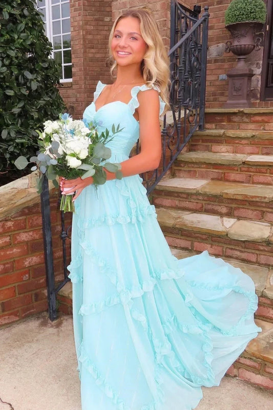 Charming A-Line Sweetheart Sleeveless Ruffled Tiered Cutout Chiffon Floor-Length Prom Dress