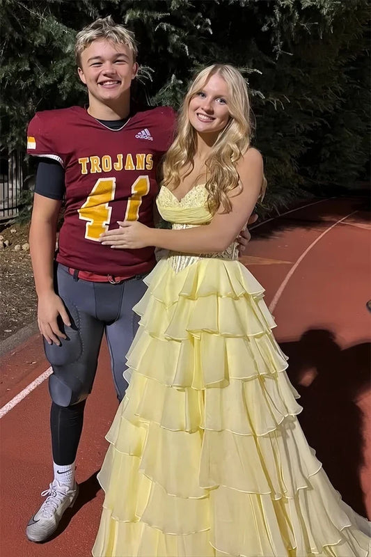 Charming A-Line Sweetheart Sleeveless Ruffled Tiered Yellow Chiffon Floor-Length Prom Dress