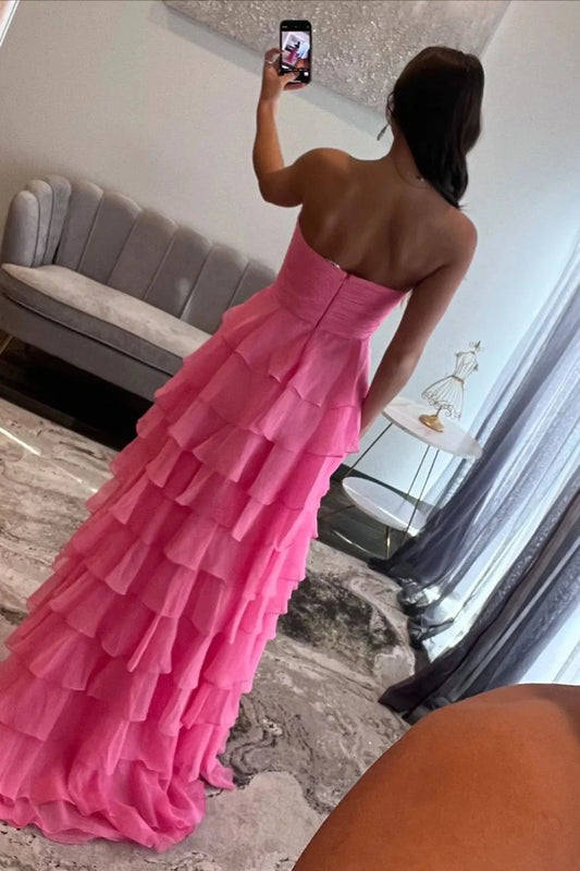 Charming A-Line Sweetheart Sleeveless Tiered Ruffle Bow Chiffon Fuchsia Floor-Length Prom Dress