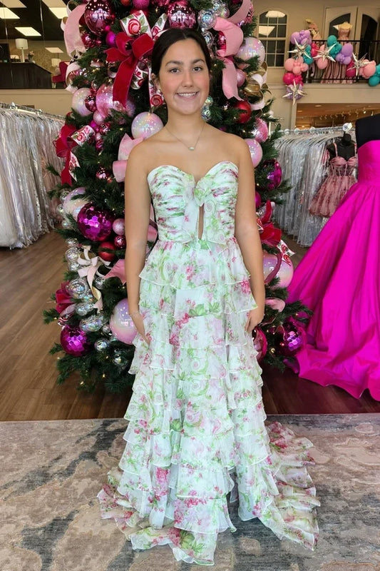 Charming A-Line Sweetheart Sleeveless Tiered Ruffle Floral Chiffon Floor-Length Prom Dress