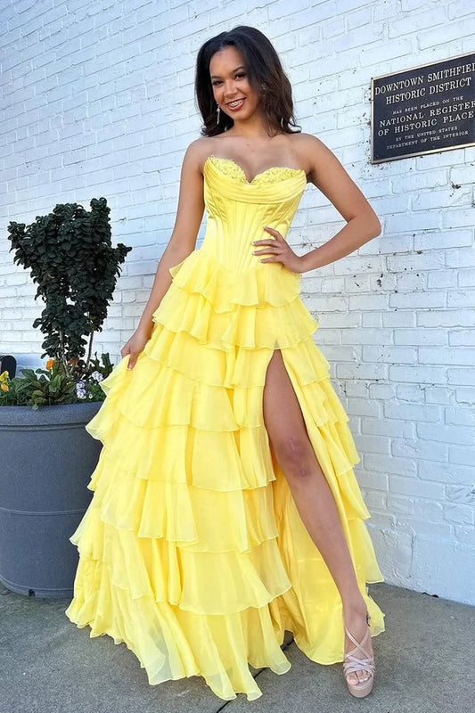 Charming A-Line Sweetheart Sleeveless Tiered Ruffles Chiffon Floor-Length Prom Dress With Slit