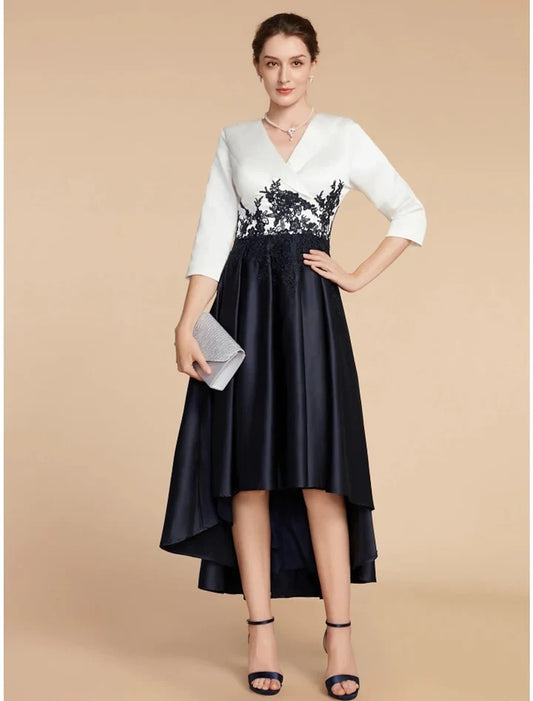 Charming A-Line V-Neck 3/4 Sleeve Two-Tone Satin High Low Mother of the Bride Dress