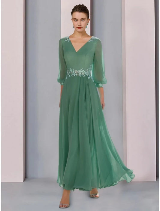 Charming A-Line V-Neck 3/4 Sleeves Chiffon Floor-Length Mother of the Bride Dress with Appliques