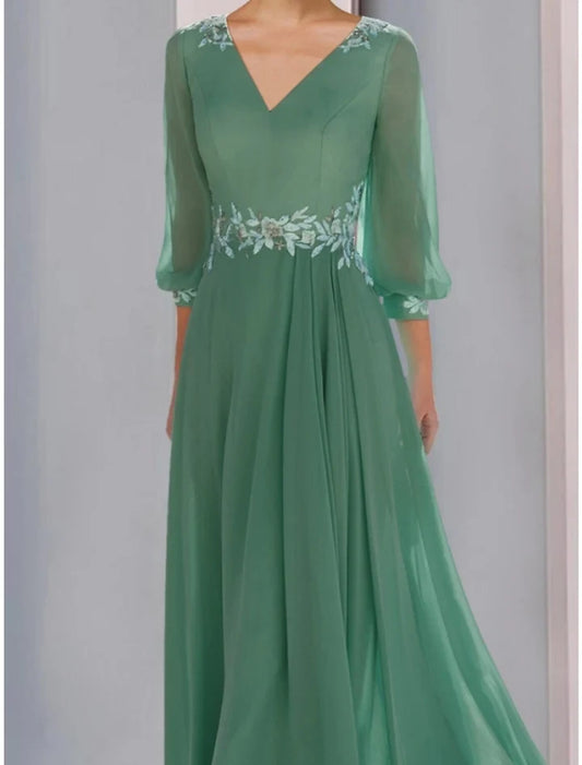 Charming A-Line V-Neck 3/4 Sleeves Chiffon Floor-Length Mother of the Bride Dress with Appliques