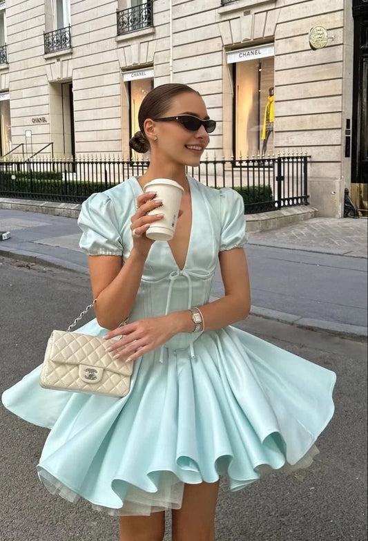 Charming A-Line V-Neck Short Puff Sleeve Flared Summer Party Homecoming Dress
