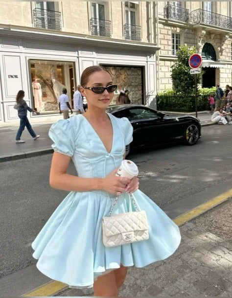 Charming A-Line V-Neck Short Puff Sleeve Flared Summer Party Homecoming Dress