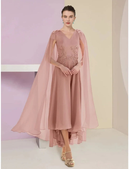 Charming A-Line V-Neck Sleeveless Appliqued Cape Overlay Chiffon Tea-Length Mother of the Bride Dress