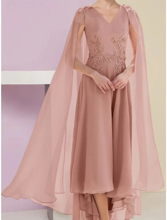 Charming A-Line V-Neck Sleeveless Appliqued Cape Overlay Chiffon Tea-Length Mother of the Bride Dress