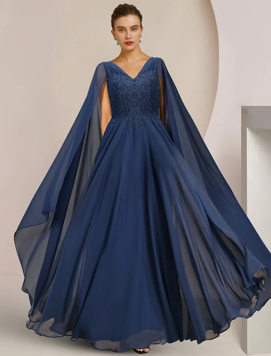 Charming A-Line V-Neck Sleeveless Lace Chiffon Cape Floor-Length Mother of the Bride Dress