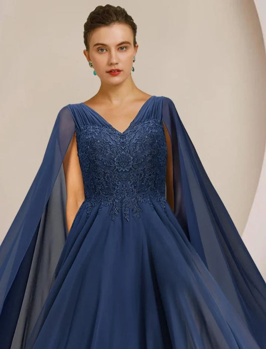 Charming A-Line V-Neck Sleeveless Lace Chiffon Cape Floor-Length Mother of the Bride Dress