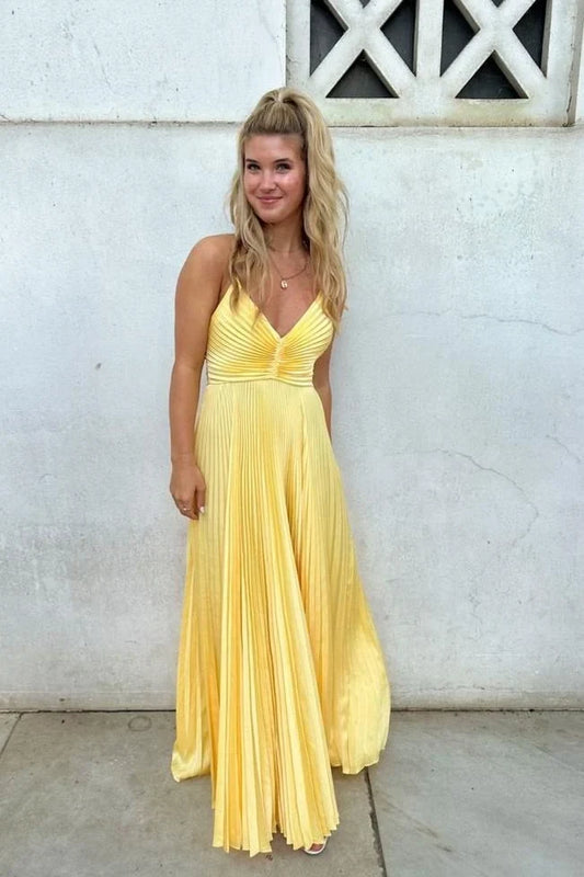 Charming A-Line V-Neck Sleeveless Pleated Open Back Long Prom Dress