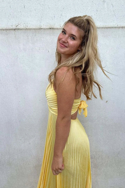 Charming A-Line V-Neck Sleeveless Pleated Open Back Long Prom Dress