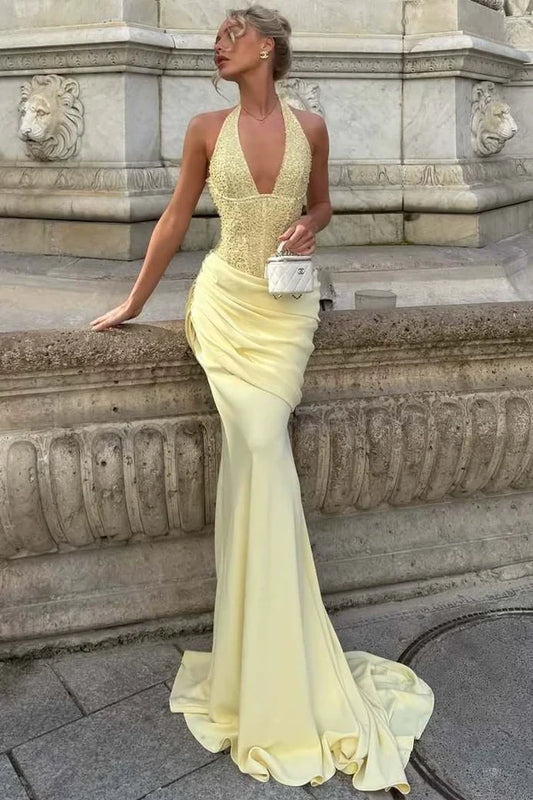 Charming Mermaid Halter Sleeveless Draped Waist Yellow Long Prom Dress