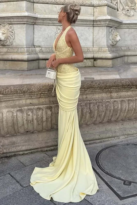 Charming Mermaid Halter Sleeveless Draped Waist Yellow Long Prom Dress