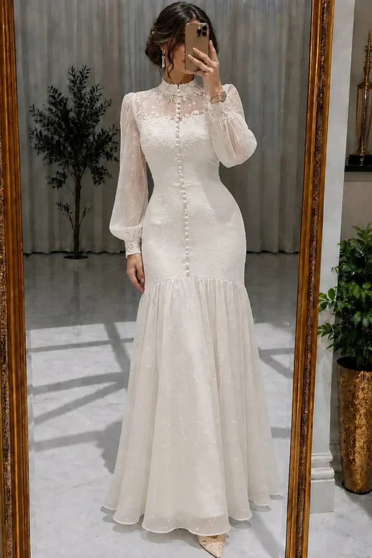 Charming Mermaid High Neck Long Sleeve Lace Detail Floor-Length Prom Dress