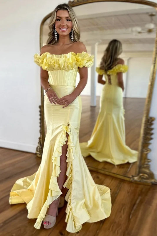 Charming Mermaid Off-the-Shoulder Ruffled Satin Floor-Length Prom Dress With Slit