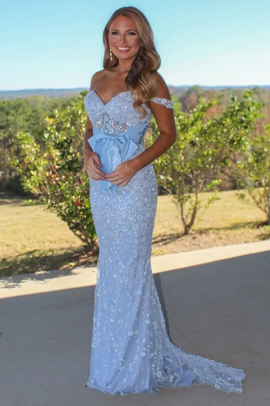 Charming Mermaid Off-the-Shoulder Sweetheart Bow-Knot Sky Blue Floor-Length Prom Dress