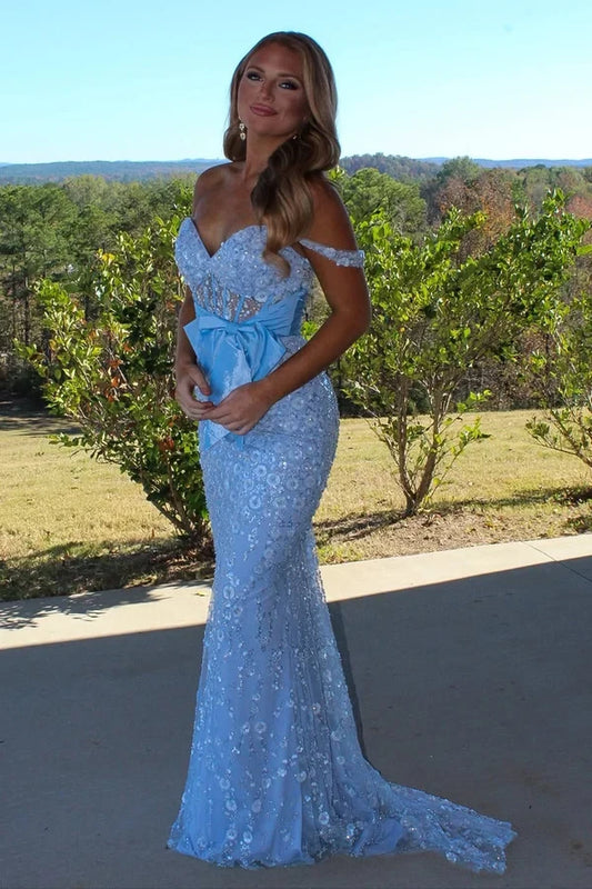 Charming Mermaid Off-the-Shoulder Sweetheart Bow-Knot Sky Blue Floor-Length Prom Dress