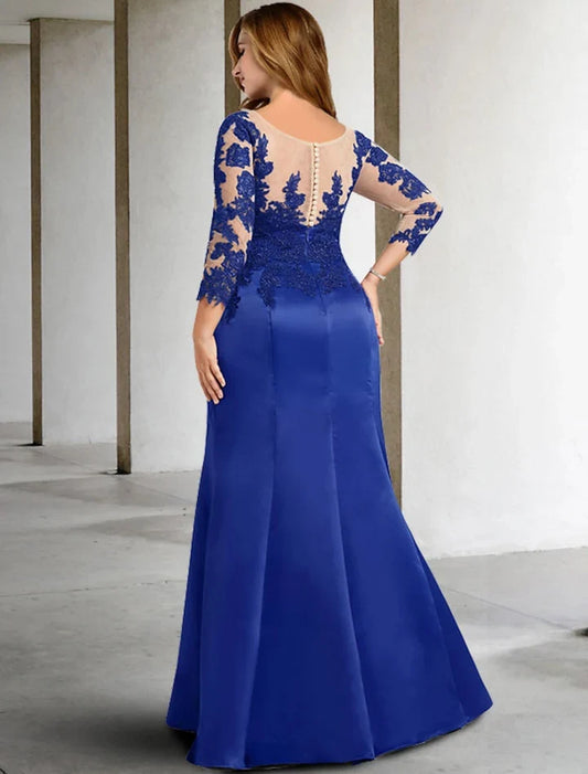 Charming Mermaid Scoop 3/4 Sleeve Lace Applique Royal Blue Floor-Length Mother of the Bride Dress