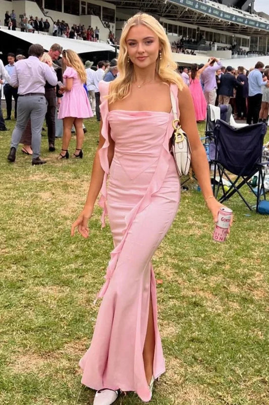 Charming Mermaid Sweetheart Sleeveless Open Back Satin Party Dress with Ruffles