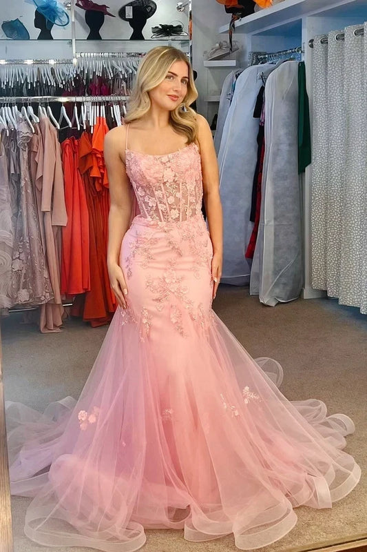 Charming Mermaid Spaghetti Straps Sleeveless Applique Lace Corset Tulle Long Prom Dress