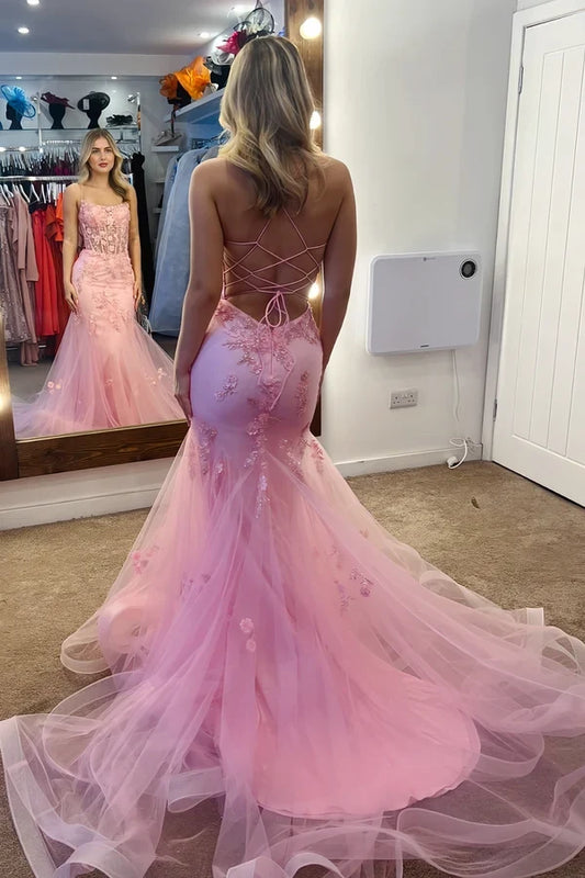 Charming Mermaid Spaghetti Straps Sleeveless Applique Lace Corset Tulle Long Prom Dress