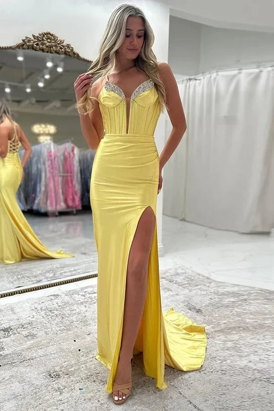 Charming Mermaid Spaghetti Straps Sleeveless Beaded Corset Ruched Satin Evening Dress with High Slit