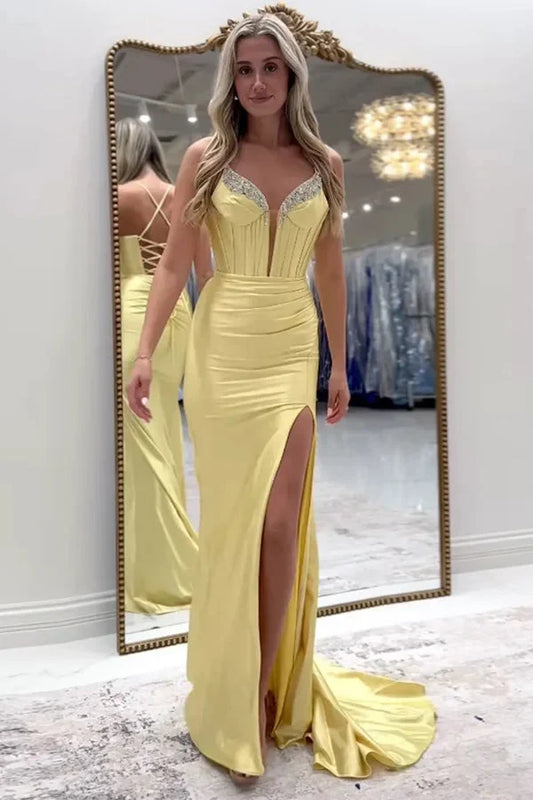 Charming Mermaid Spaghetti Straps Sleeveless Beaded Corset Ruched Satin Evening Dress with High Slit
